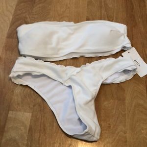 Zaful Ribbed Lettuce Trim Bandeau Bikini Swimwear